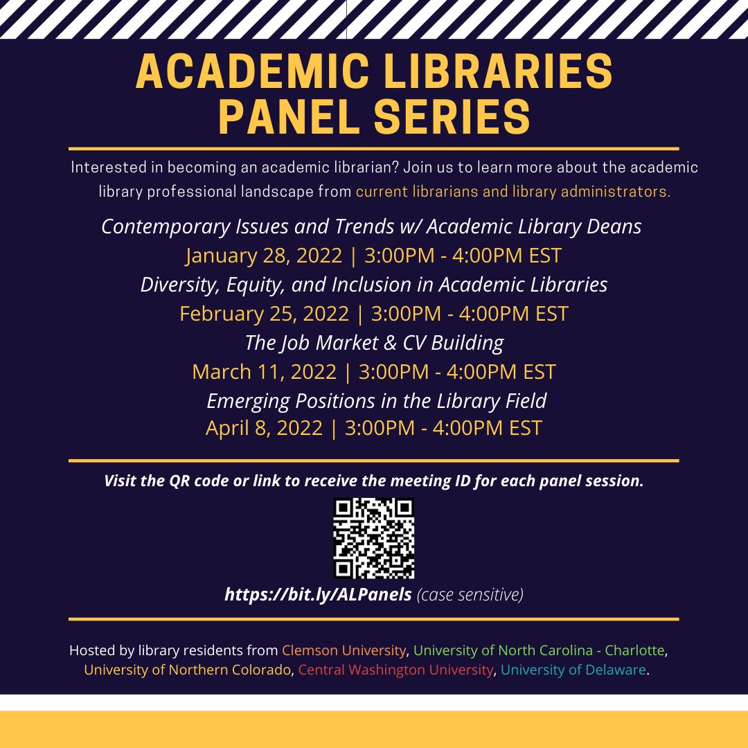 A panel series created and presented by current library residents for those interested in academic librarianship?

Yes, please! We love to see residents leading the charge. ✨

Register at bit.ly/ALPanels.

Find details in the thread below for accessibility.