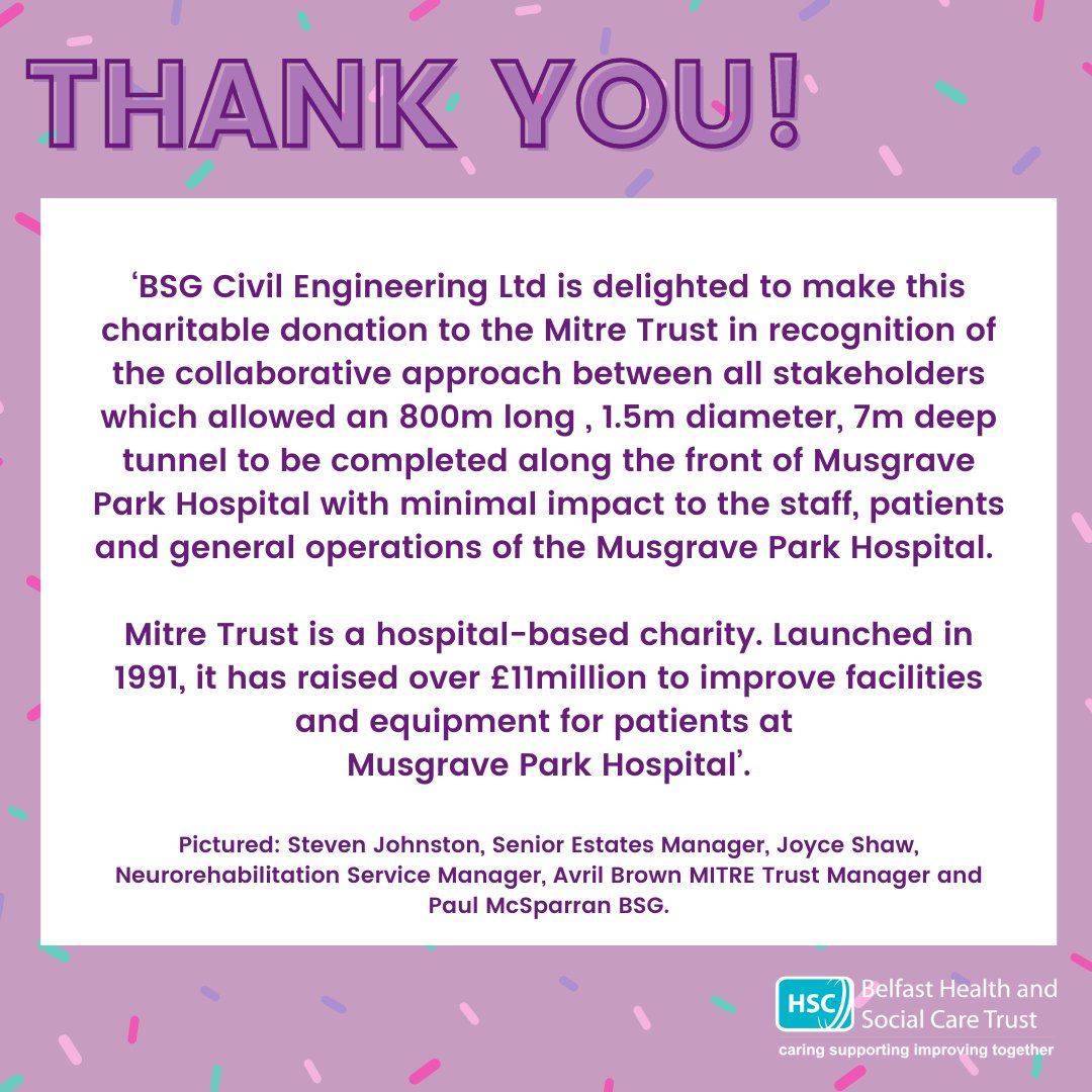 Thank You! 🎉

A huge thank you to BSG Civil Engineering Ltd. <a href="/bsg_ltd/">BSG</a> who kindly donated £2000 to Mitre Trust, a hospital-based charity. Launched in 1991, it has raised over £11million to improve facilities and equipment for patients at Musgrave Park Hospital.
