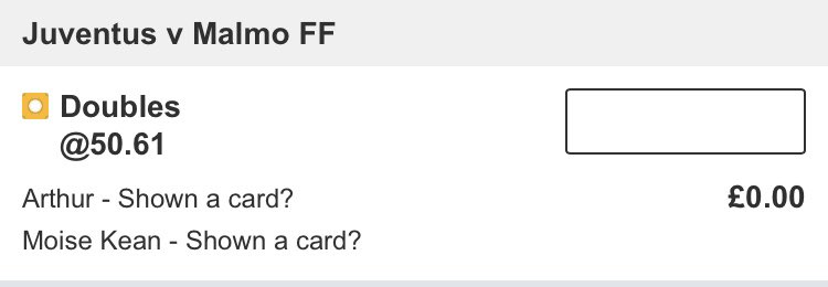 TippedOTC's tweet photo. ⚫️Juventus vs Malmo🔵
Cards🟨🟥 50/1, 36/1, 32/1 and 163/1🤯
Singles⬇️⬇️⬇️⬇️
Arthur 7/1
Moise Kean 4/1
Anel Ahmedzovic 11/4
⬆️⬆️⬆️⬆️⬆️⬆️⬆️
#UCL #JUVMAL #Treble #bettingtips #GamblingTwitter #sportspicks #bettingpicks https://t.co/6u5ewMoRjK