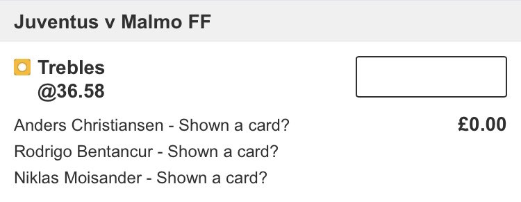 TippedOTC's tweet photo. ⚫️Juventus vs Malmo🔵
Cards🟨🟥 50/1, 36/1, 32/1 and 163/1🤯
Singles⬇️⬇️⬇️⬇️
Arthur 7/1
Moise Kean 4/1
Anel Ahmedzovic 11/4
⬆️⬆️⬆️⬆️⬆️⬆️⬆️
#UCL #JUVMAL #Treble #bettingtips #GamblingTwitter #sportspicks #bettingpicks https://t.co/6u5ewMoRjK