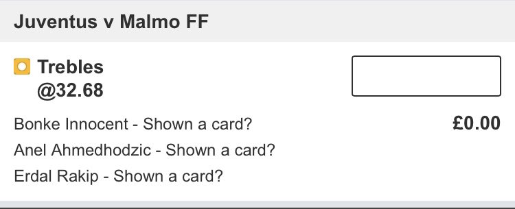 TippedOTC's tweet photo. ⚫️Juventus vs Malmo🔵
Cards🟨🟥 50/1, 36/1, 32/1 and 163/1🤯
Singles⬇️⬇️⬇️⬇️
Arthur 7/1
Moise Kean 4/1
Anel Ahmedzovic 11/4
⬆️⬆️⬆️⬆️⬆️⬆️⬆️
#UCL #JUVMAL #Treble #bettingtips #GamblingTwitter #sportspicks #bettingpicks https://t.co/6u5ewMoRjK