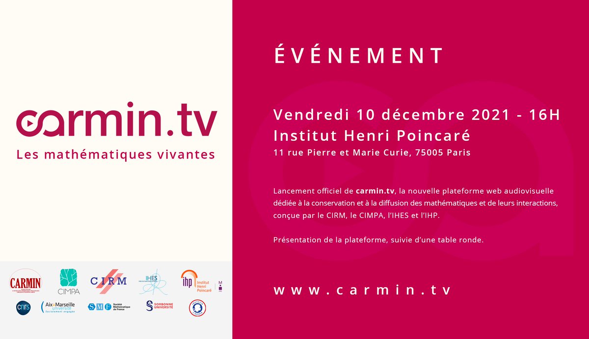 InHenriPoincare's tweet photo. ⏰RAPPEL : Ce vendredi, rendez-vous à 16h à l’IHP pour le lancement officiel de https://t.co/w3vXk9hpJP

🚨Événement en présentiel et via Zoom

👉Plus d’informations et inscriptions : https://t.co/mhLzFkK5Fw

#carmintv #mathematicsalive #Mathematics #Video #mathematiquesvivantes https://t.co/oyyByYgH2A
