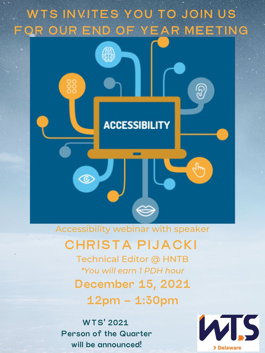 DelawareWTS's tweet photo. We hope you can join us for our final meeting of 2021! We have a great speaker to talk to us about accessibility, and we will be revealing our new Person of the Quarter 📣

Reach out to Abigail Meyer to register for this meeting at ameyer@trafficpd.com 📨 #TransitLife #NetDE https://t.co/S5EJTOGel9