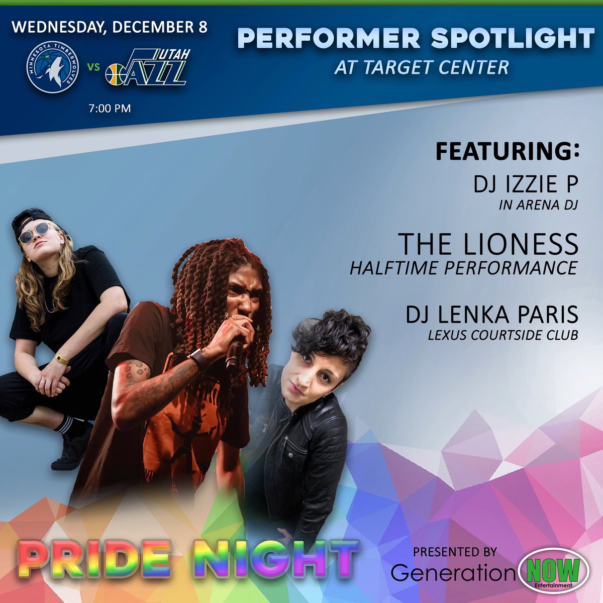 GenerationNOW ®️ (@gennowdjs) on Twitter photo 🌈 TONIGHT! 🏀
It’s #Pride Night at the <a href="/Timberwolves/">Minnesota Timberwolves</a> game, and we have an INCREDIBLE lineup of performers throughout the <a href="/TargetCenterMN/">Target Center</a>!
In-Arena DJ: DJ Izzie P💥
Halftime Show: @TheLionessMusic ✅
Lexus Courtside Club DJ: <a href="/lenkaparismusic/">Lenka Paris</a> 🎉
Come out & cheer
❤️🧡💛💚💙💜 🌈 TONIGHT! 🏀
It’s #Pride Night at the <a href="/Timberwolves/">Minnesota Timberwolves</a> game, and we have an INCREDIBLE lineup of performers throughout the <a href="/TargetCenterMN/">Target Center</a>!
In-Arena DJ: DJ Izzie P💥
Halftime Show: @TheLionessMusic ✅
Lexus Courtside Club DJ: <a href="/lenkaparismusic/">Lenka Paris</a> 🎉
Come out & cheer
❤️🧡💛💚💙💜