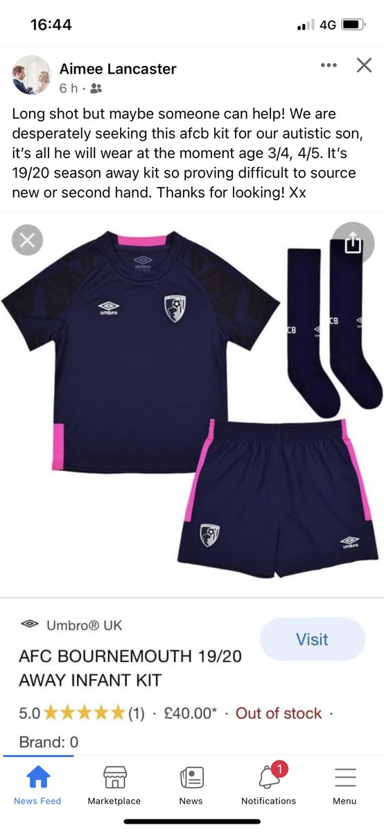 Ed_Long's tweet photo. @afcbournemouth @AFCBCommunity @afcbsuperstore @lewiscook_ @DomSolanke @JaidonnA11 @GaryJCahill Any chance in helping out a friend of mine, their Autistic Son will only wear this kit. Any help would be great. https://t.co/ESY7rSgHau