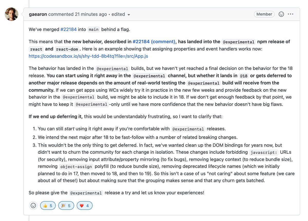 The work has been done. If you want to see custom elements in React 18 please help test and provide feedback!

Massive props (pun intended) to @josepharhar for pushing this PR forward! 🙌

Details here: github.com/facebook/react…