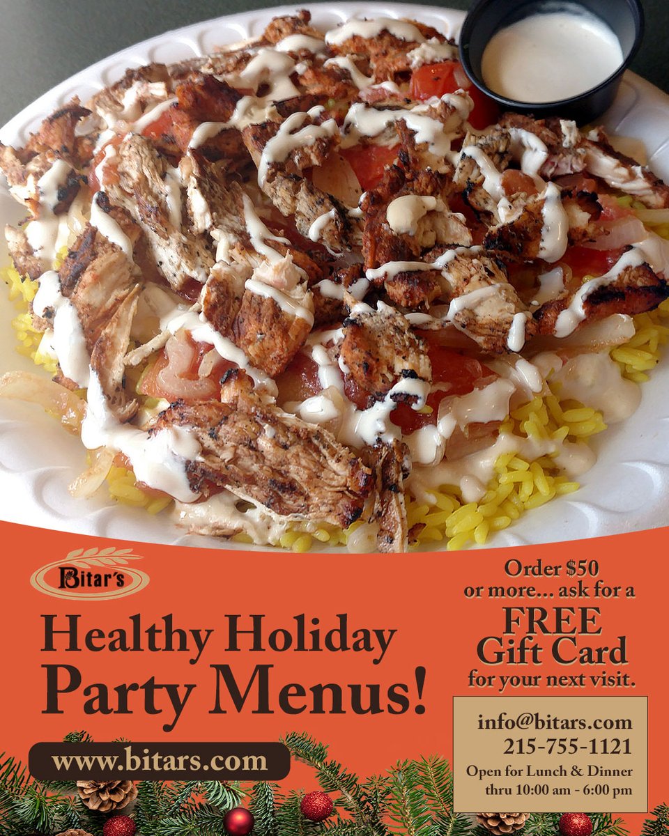 Order $50 or more from our holiday party menu, get a free gift card. Get your orders in ASAP! Call 215-755-1121. bitars.com #MediterraneanFood #ChristmasParty #holidayseason