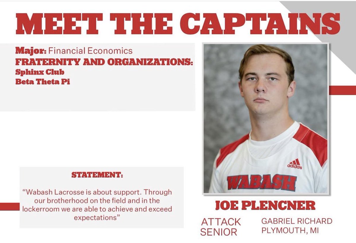 WabashLax's tweet photo. Our last captain introduction, Joe Plencner. Joe is another leader who comes to work everyday. Joey P is a quiet, let’s get to work, empty the tank, type of leader that works hard for every opportunity. Continue to lead from the front! 

#WAF #TheRightWay https://t.co/8UCvUZS78L