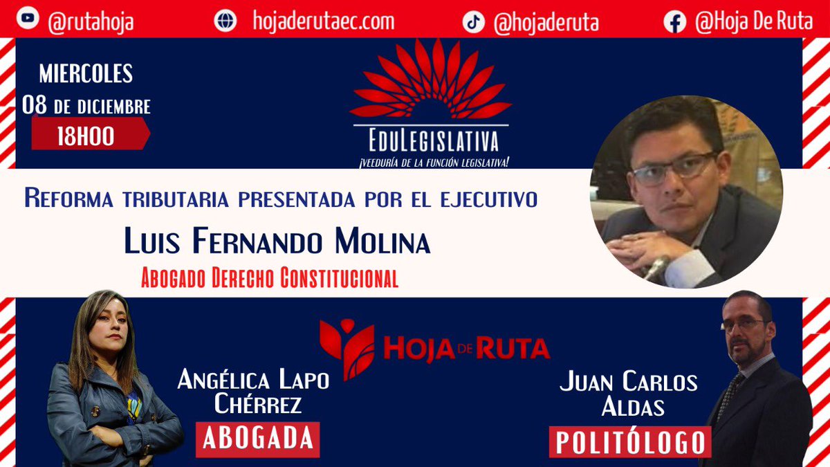 AldasJuan's tweet photo. 📌HOY Miércoles 8 de diciembre⌚️18h00 acompáñanos en el programa EduLegislativa ¡Veeduría a la función legislativa! por @RutaHoja.
Temas: Pandora Papers y Reforma tributaria negada por Pleno de Asamblea Nacional. 

¡No te la pierdas! 

Sigue en ➡️ https://t.co/qIH61EzS4s https://t.co/vsenPovNks