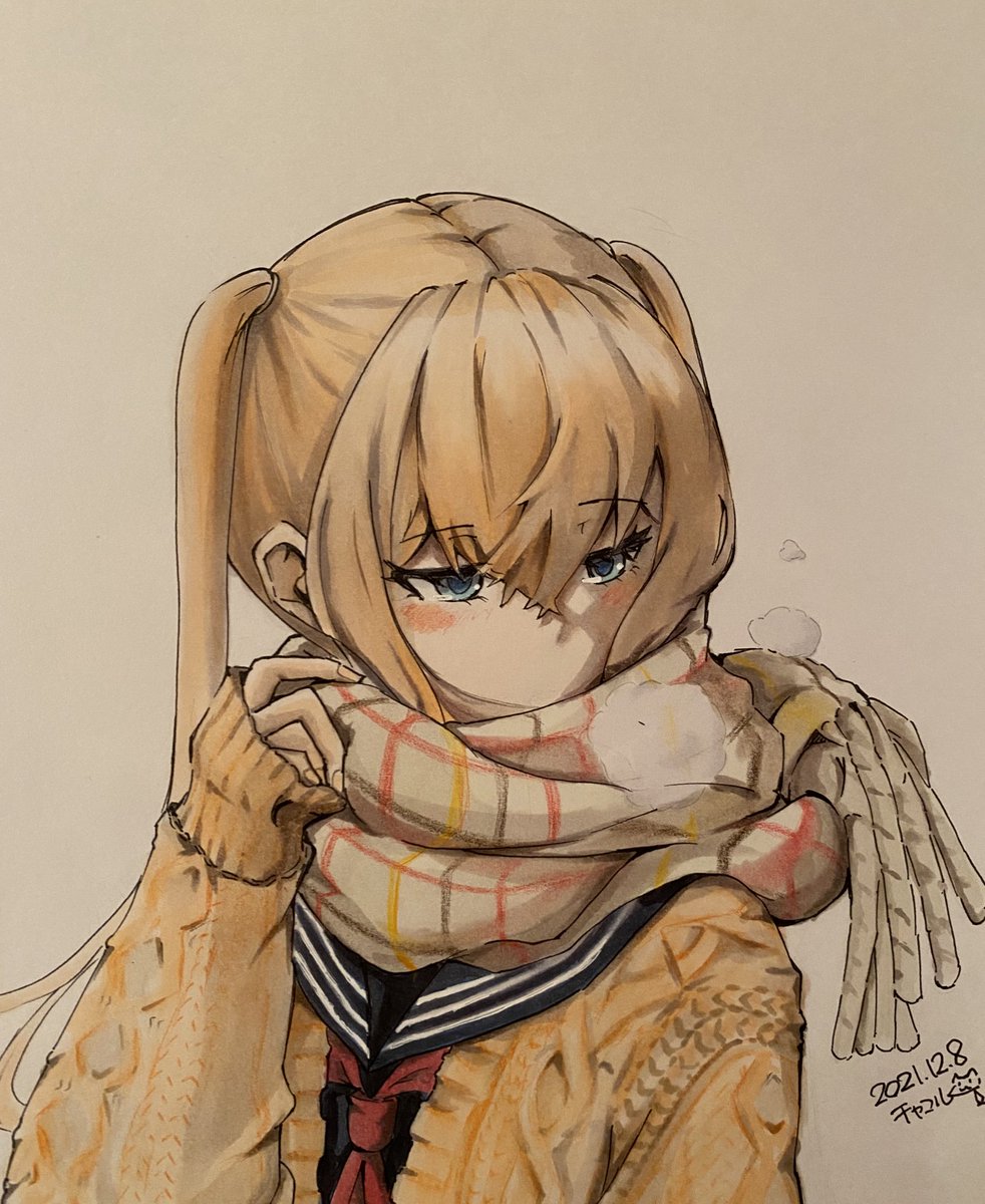 1girl solo scarf twintails blonde hair blue eyes dated  illustration images