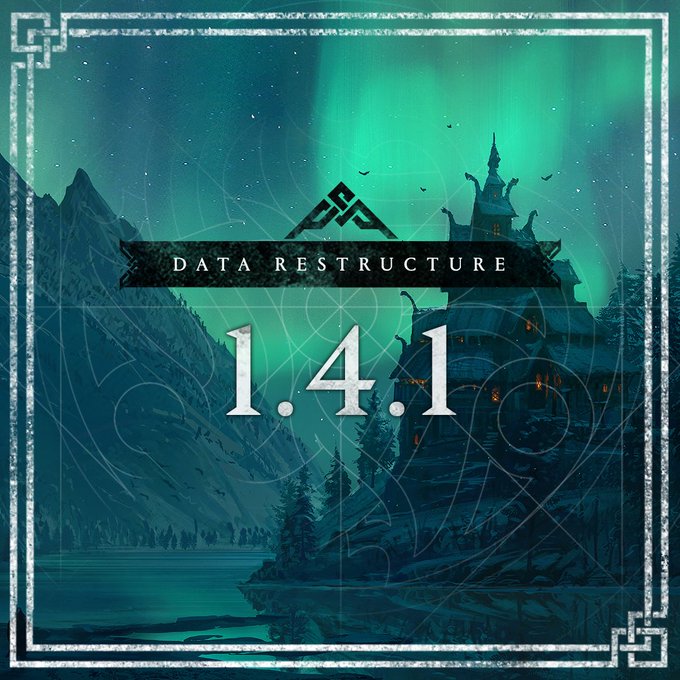 The main text reads: DATA RESTRUCTURING - 1.4.1.
In the background is an AC Valhalla concept art showcasing a Norse Church during nighttime. 
Northern lights illuminate the scene. 