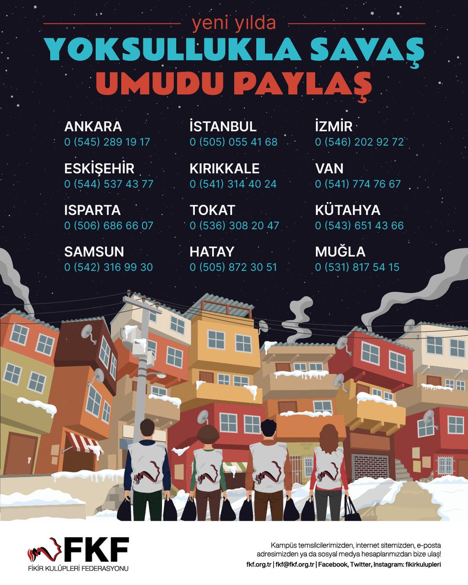 🎄 Yoksullukla Savaş Umudu Paylaş!

Yeni yıla emekçi mahallelerindeki kardeşlerimizle, dayanışmayı ve umudu büyüterek giriyoruz. 

Kırtasiye malzemesi ve YKS'ye girecek liseli arkadaşlarımız için deneme seti desteğinde bulunmak için iletişim numaralarımıza ulaşabilirsiniz.