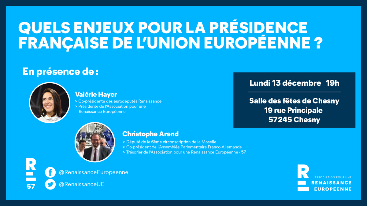RenaissanceUE57's tweet photo. On se retrouve lundi prochain en Moselle pour une conférence sur les enjeux de la #PFUE2022 🇪🇺 avec @ValerieHayer et @christophearend !

Pass sanitaire et port du masque obligatoires 
#PFUE https://t.co/DU20UJKHLs