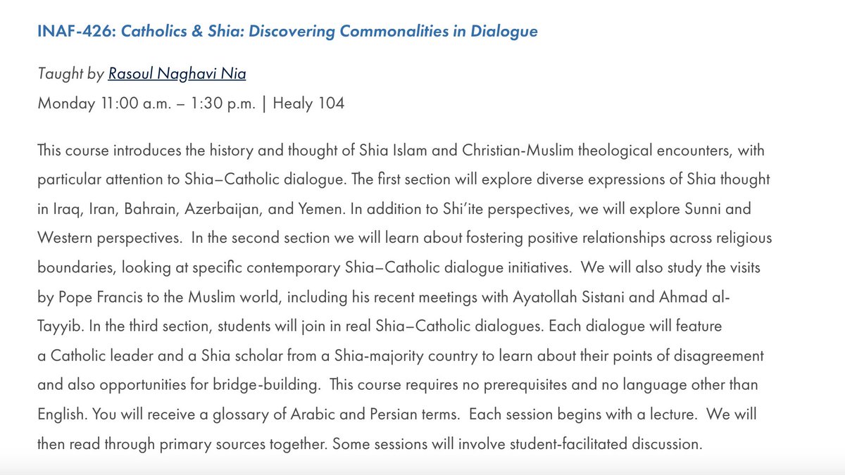 jordandenari's tweet photo. Friends at @Georgetown, check out the info for this new and important course: "Catholics &amp; Shia: Discovering Commonalities in Dialogue." Pass this along to those who might be interested! Prof. Naghavi is wonderful. #IntroToIslamGU #CatholicMuslimBridge https://t.co/TzioC69FQn