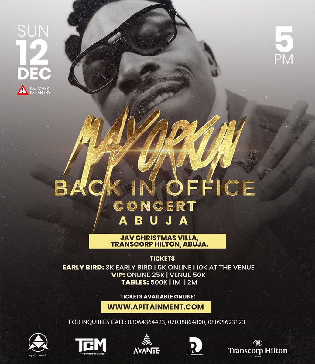 realkingss's tweet photo. Why would anyone want to miss Mayorkun back in Office concert ????????
With the line up of stars showing up , that concert is a must attend !!!!!
Date is 12th December!!!
#MayorkunLiveInAbuja
#backinofficeconcert https://t.co/g2asnehDqg