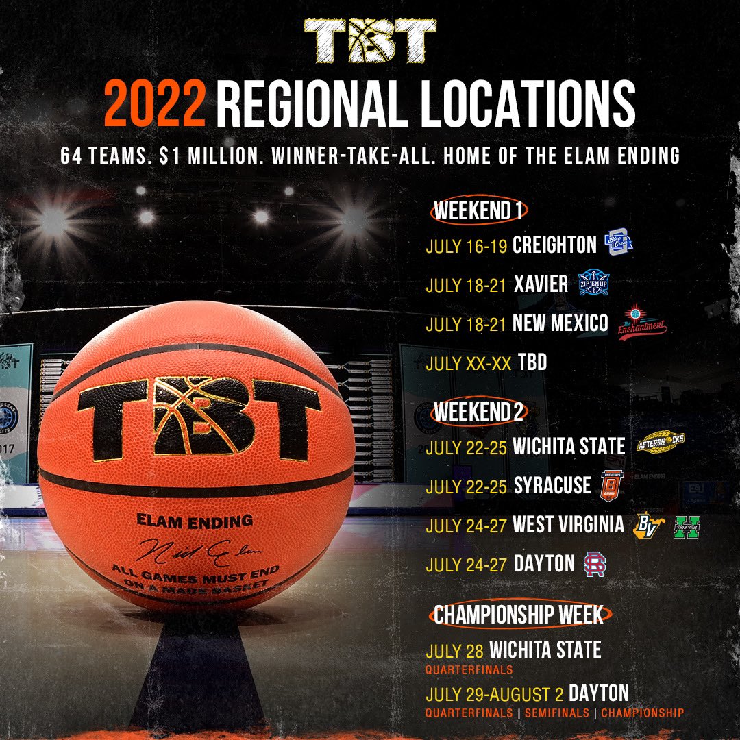 TBT 2022 BEGINS NOW

🏀 64 teams
📍 8 regions (a surprise on the way!)  
🎯 THE ELAM ENDING

Tickets: thetournament.com/tickets