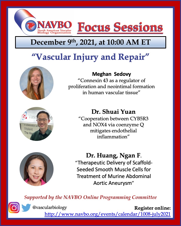 vascularbiology's tweet photo. Tomorrow, December 9th, 2021 at 1 p.m. ET,  please join us on #NAVBO Focus Session on Vascular Injury and Repair. Abstracts from #NAVBO2021
We are wrapping up the year strong! Do not miss it! 
Register for the Focus Session here: https://t.co/fzks1klo4Y https://t.co/VICAPHM45U