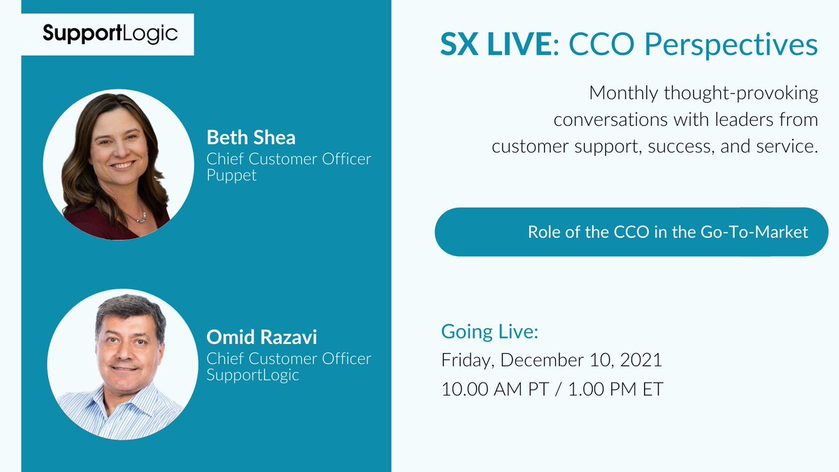 SupportLogicInc's tweet photo. This monthโs #SXLive COO Perspectives come from our CCO @orazavi as he is joined by CCO at @puppetize Beth Shea. They will discuss how Beth has refined the customer functions at Puppet.
Join Us: https://t.co/Tp5V9LtPXX https://t.co/93TmXC4RQ7