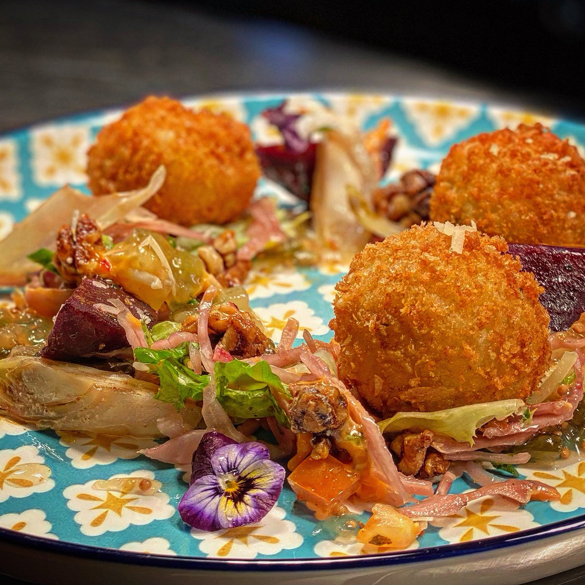 No3Collon's tweet photo. Our Starter Special this week is a Goat’s Cheese, Brie &amp; Parmesan Arancini served with Beetroot, Candied Walnut, Pickled Cabbage, Artichoke &amp; Cucumber Relish 😉 #LouthChat #No3Collon https://t.co/OHHVTmyn50