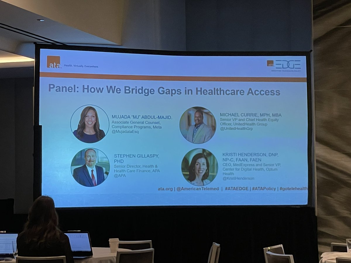 arwmd's tweet photo. Final and critical panel on how we bridge gaps in healthcare access. Here at #ATAedge
@MujadalaEsq moderating with @KristiHenderson @UnitedHealthGrp @APA
Michael moved us.
“Access to #telehealth is central to health equity”
#gotelehealth #TelemedNow #ATApolicy https://t.co/8PNBfb4phi