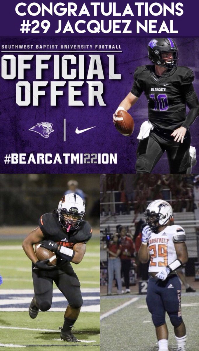 #MustangNation give it up for #29 Jacquez Neal who received an Official Offer to play football at Southwest Baptist University. Mustang Nation is extremely proud of you Jacquez! Can’t wait to watch you play on Saturdays! <a href="/JacquezNeal/">Jacquez Neal</a> <a href="/ERHSOfficial/">Eleanor Roosevelt HS</a> <a href="/AthleticsERHS/">ERHS Mustang Athletics</a> #BEARCATMI22ION