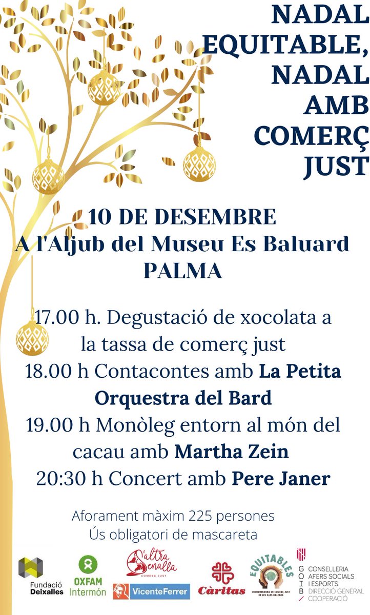 caritasmallorca's tweet photo. Aquest divendres 10 de desembre la Coordinadora de #ComerçJust de Balears, #Equitables i @GOIB_Social han organitzat un horabaixa d'activitats 🎹📚a @esbaluardmuseu per a promocionar els productes de Comerç Just🌱🍫🌍
Una alternativa per aquest #Nadal
#TriemComerçJust https://t.co/RUIi2eztNv