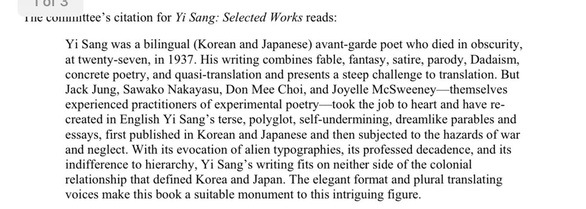 daybreakjung's tweet photo. "Yi Sang: Selected Works" has been honored with MLA's Aldo and Jeanne Scaglione Prize for literary translation. I am so grateful to the selection committee! And I am truly happy for Yi Sang translation team! @sawakonakayasu @JoyelleMcS @DonMeeChoi @WavePoetry https://t.co/54yZIrYkdV