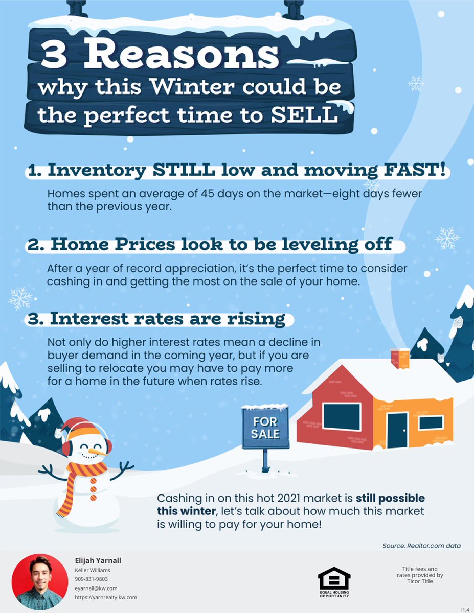 YarnallElijah's tweet photo. As Home prices begin to flatten and interest rates continue to gradually increase, Winter looks like the perfect time to sell to get top dollar for your house !
#realtor #socal #ticortitle https://t.co/UT3MXTjq3L