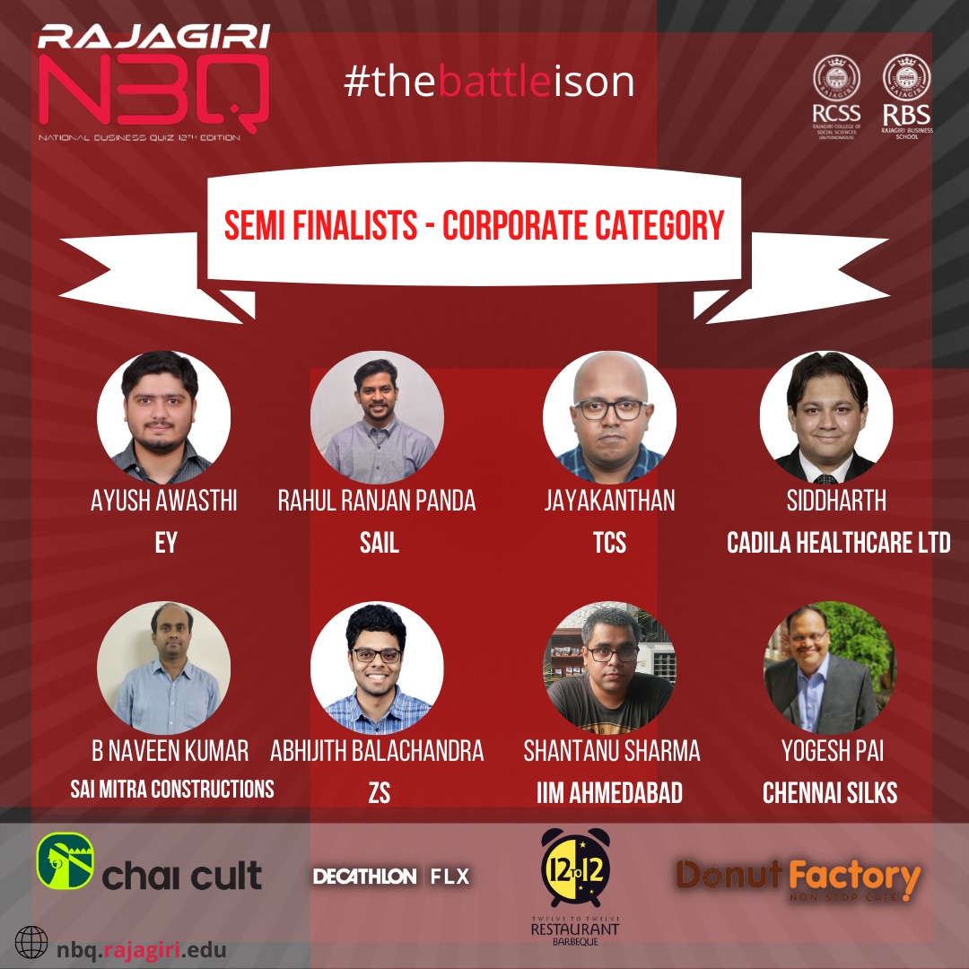 RajagiriNBQ's tweet photo. Ready to battle it out in the quest for wit and wisdom? Cause here is RNBQ’s 12th Edition of semifinalists in the Corporate category! 
Gear up! December 11 marks the grand finale!

#thebattleison   #gearingupfor12thedition #businessquiz #nationalevent https://t.co/W6jE7PAGZM