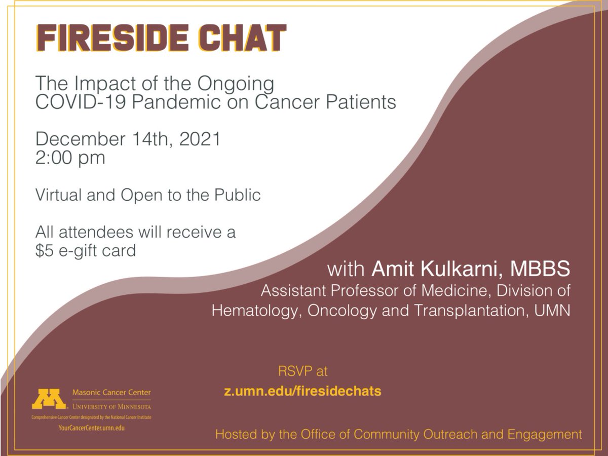 MNCCTN's tweet photo. Our friends at @UMNCancer Community Outreach & Engagement are hosting their first virtual Fireside Chat about COVID-19 and cancer with #MNCCTN PI Dr. Amit Kulkarni on Tuesday, Dec 14 at 2 PM. Register for free: https://t.co/gzTKaZ8QLF #UMNCancer #GOpherACure https://t.co/Jn2ttjZl77