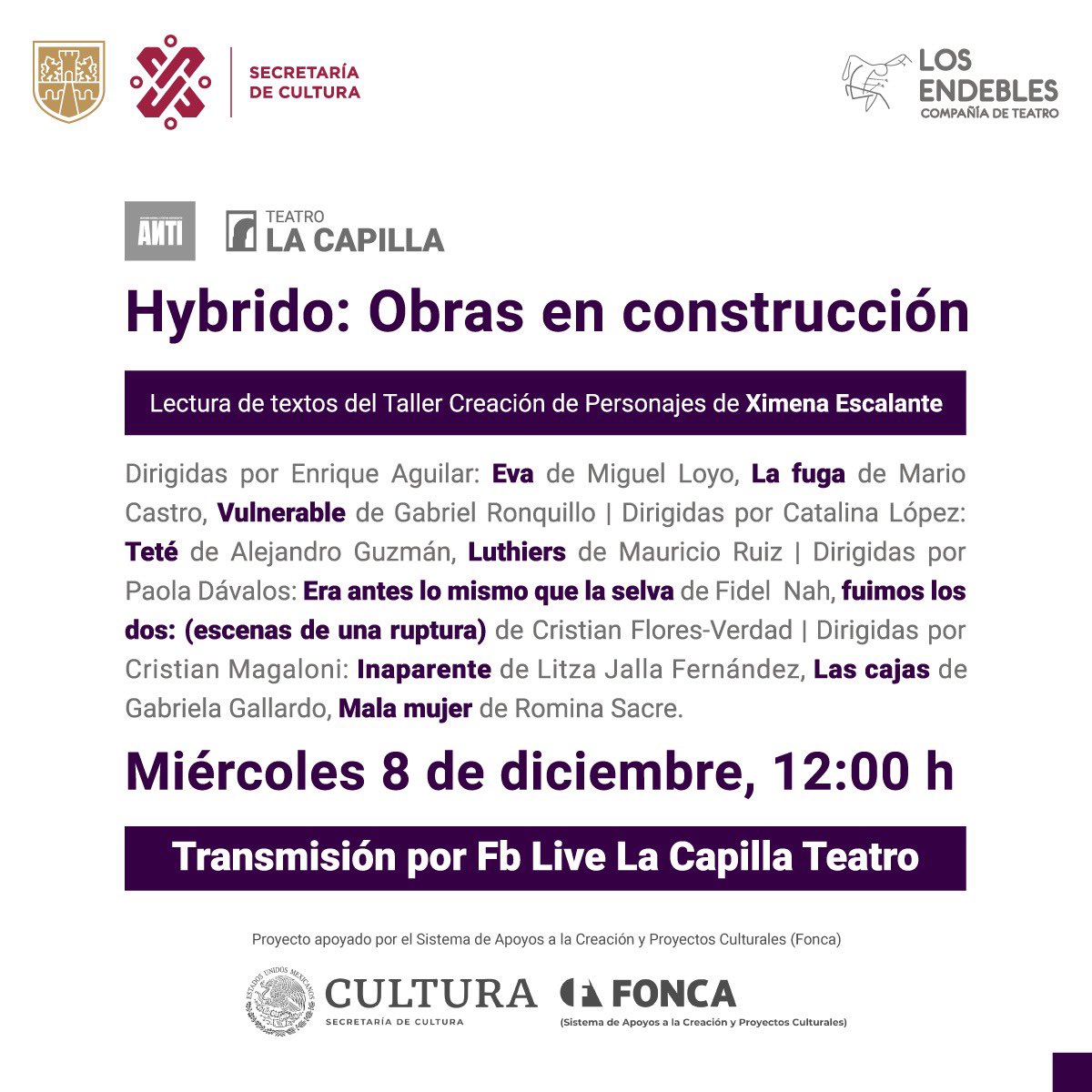 LaCapillaTeatro's tweet photo. Estamos a menos de una hora para disfrutar de los resultados del Taller de Creación de Personajes impartido por @ximenaes . Únete al evento a través del FB Live de Teatro La Capilla en punto de la 12PM. ¡Te esperamos! https://t.co/HTKCeINCWR