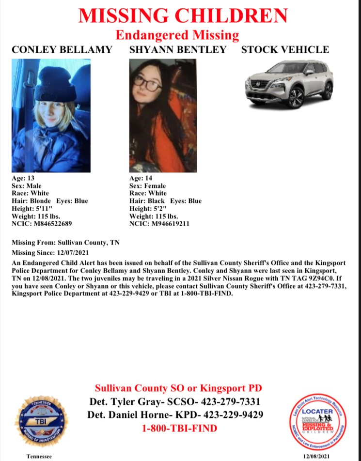 MORE: Conley Bellamy and Shyann Bentley may be traveling in a 2021 silver Nissan Rogue with TN tag number 9Z9-4C0. 

If you see Conley, Shyann, or the vehicle, please TBI at 1-800-TBI-FIND.