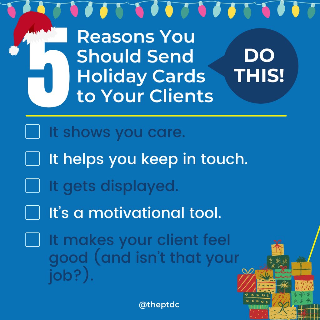 Sending holiday cards boosts client retention and generates new leads. 

It's the simplest, cheapest, lowest-risk, and highest-reward way to show current and former clients how much you care.

Every fit pro should send holiday cards. 

#ptdc #wfplist #wfpquicktip #clientretention