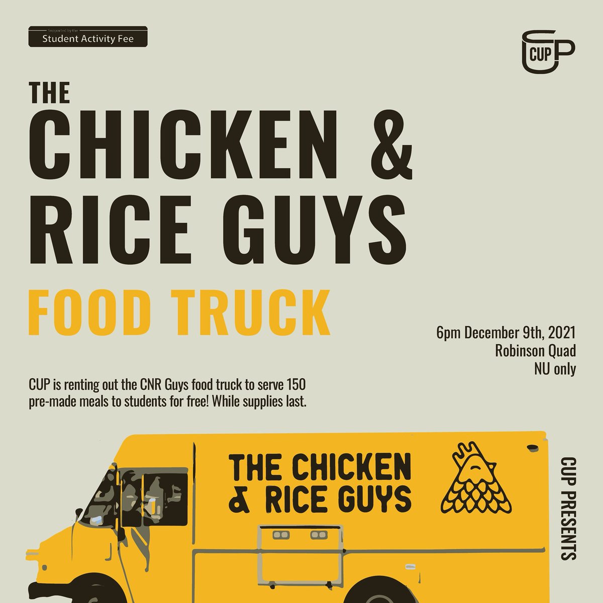 celebrate the end of classes with some free food!! The Chicken and Rice Guys truck will be in the Robinson quad tomorrow at 6pm