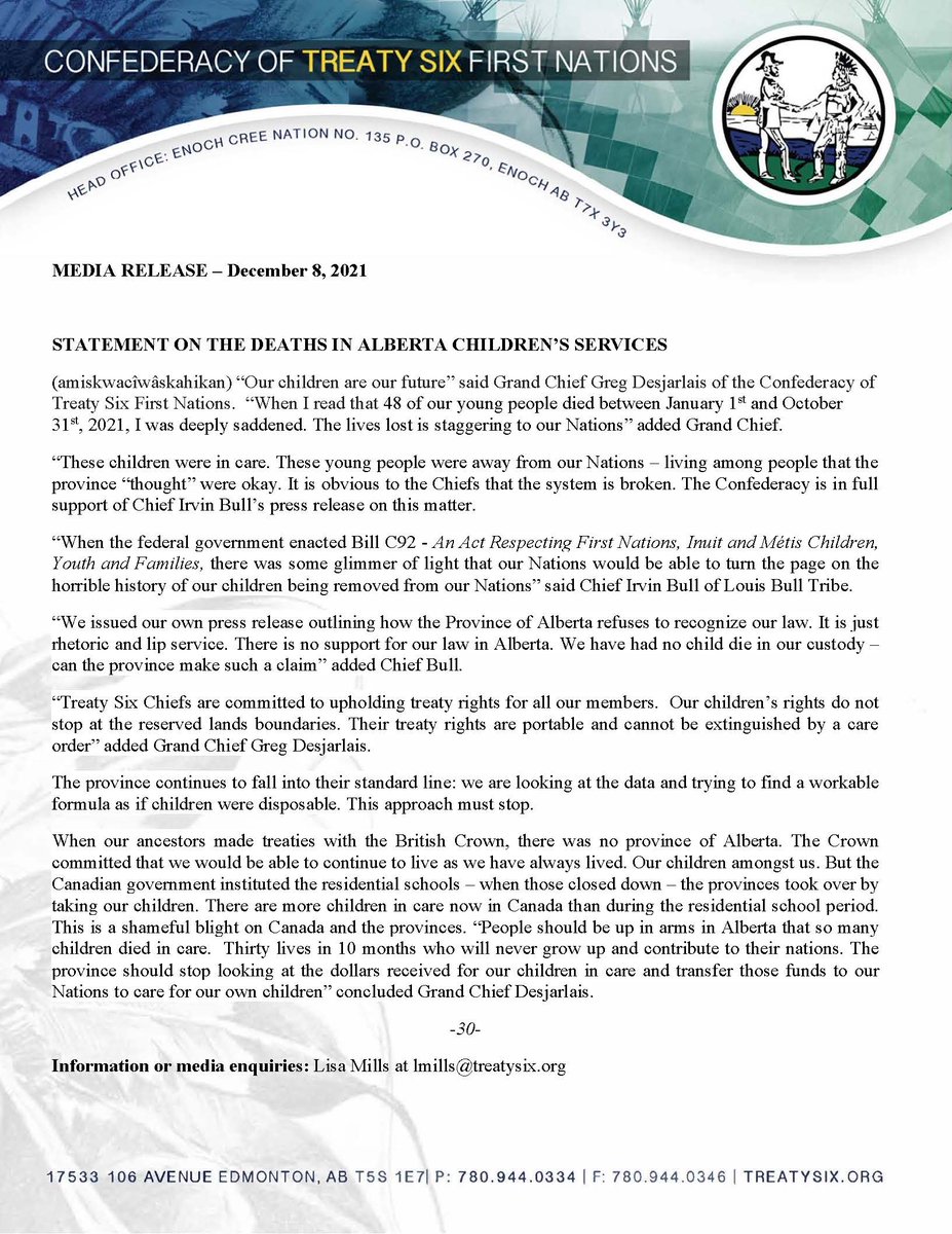 #PressRelease STATEMENT ON THE DEATHS IN ALBERTA CHILDREN’S SERVICES <a href="/YourAlberta/">Alberta Government</a> #everychildmatters #alberta #yeg #treaty6 #childrenincare