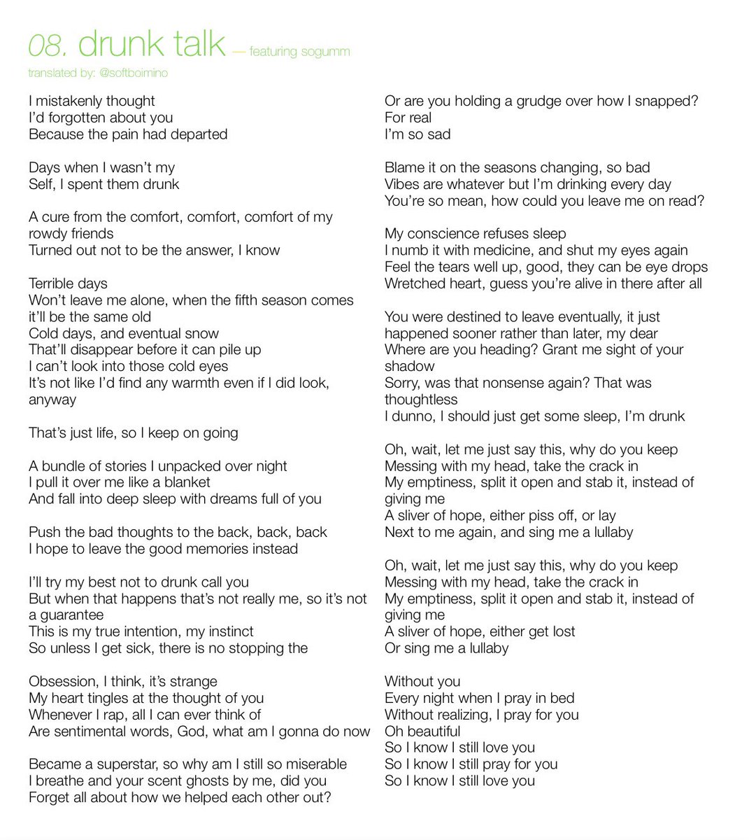 softboimino's tweet photo. Lyric translations for:
• KILL
• MUAH
• QUESTION MARK
• DRUNK TALK (feat. SOGUMM)

from #MINO's third solo album "TO INFINITY." <2/3>

#위너 #WINNER #송민호 #MINO #TO_INFINITY #TANG #탕  @official_mino_ @yginnercircle https://t.co/9IPlkngpRS
