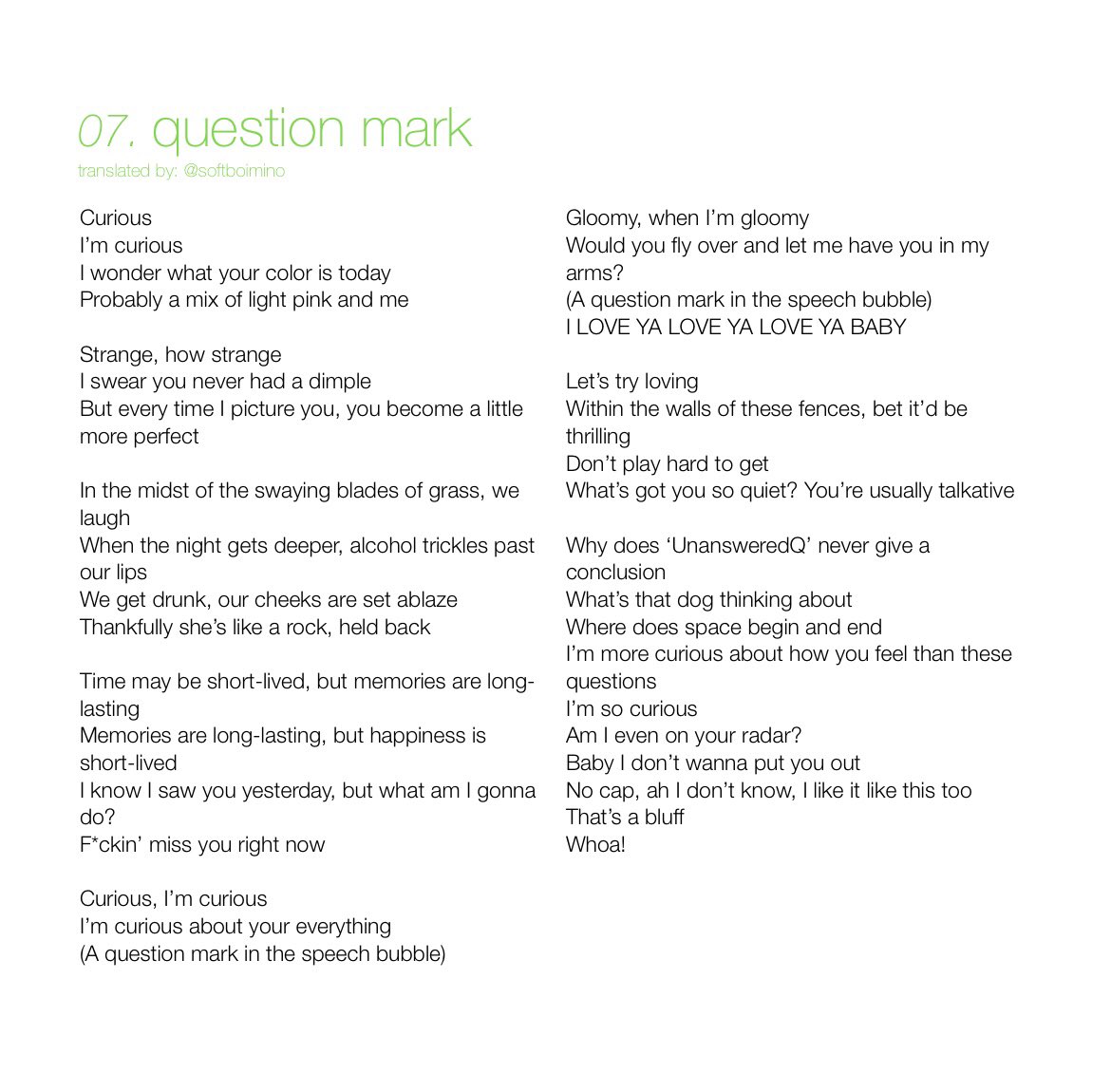 softboimino's tweet photo. Lyric translations for:
• KILL
• MUAH
• QUESTION MARK
• DRUNK TALK (feat. SOGUMM)

from #MINO's third solo album "TO INFINITY." <2/3>

#위너 #WINNER #송민호 #MINO #TO_INFINITY #TANG #탕  @official_mino_ @yginnercircle https://t.co/9IPlkngpRS
