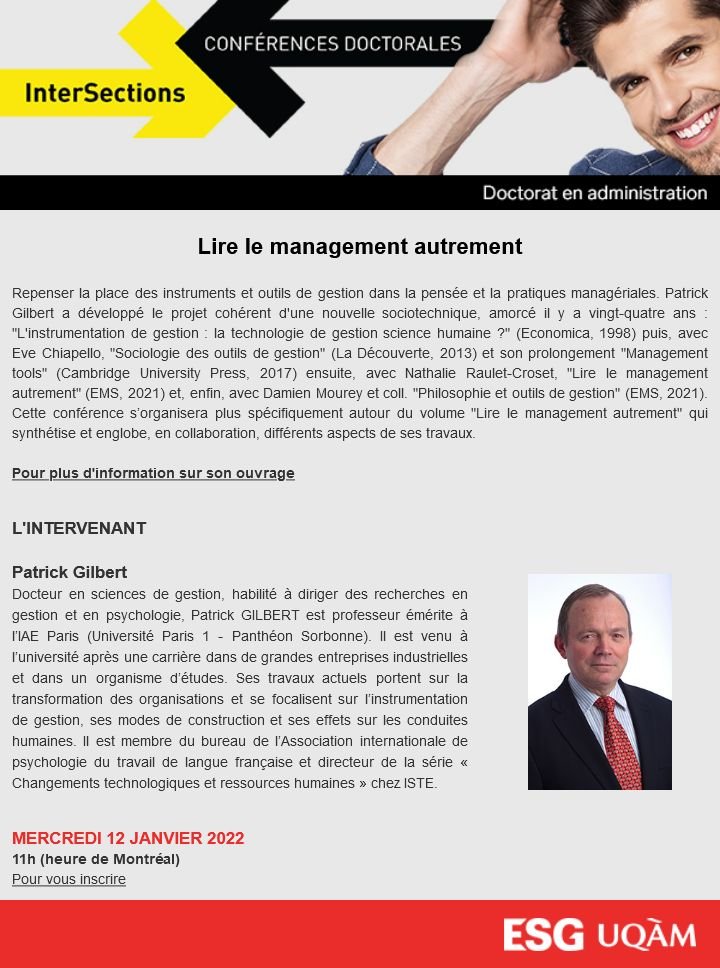 Germainoli's tweet image. LIRE LE MANAGEMENT AUTREMENT par le Pr. Patrick Gilbert. Une conférence doctorale InterSections du PhD en administration de l'@esg_uqam. Le 12 janvier prochain à 11 heures (Montréal).

Vous inscrire : lnkd.in/d9gjrHE7