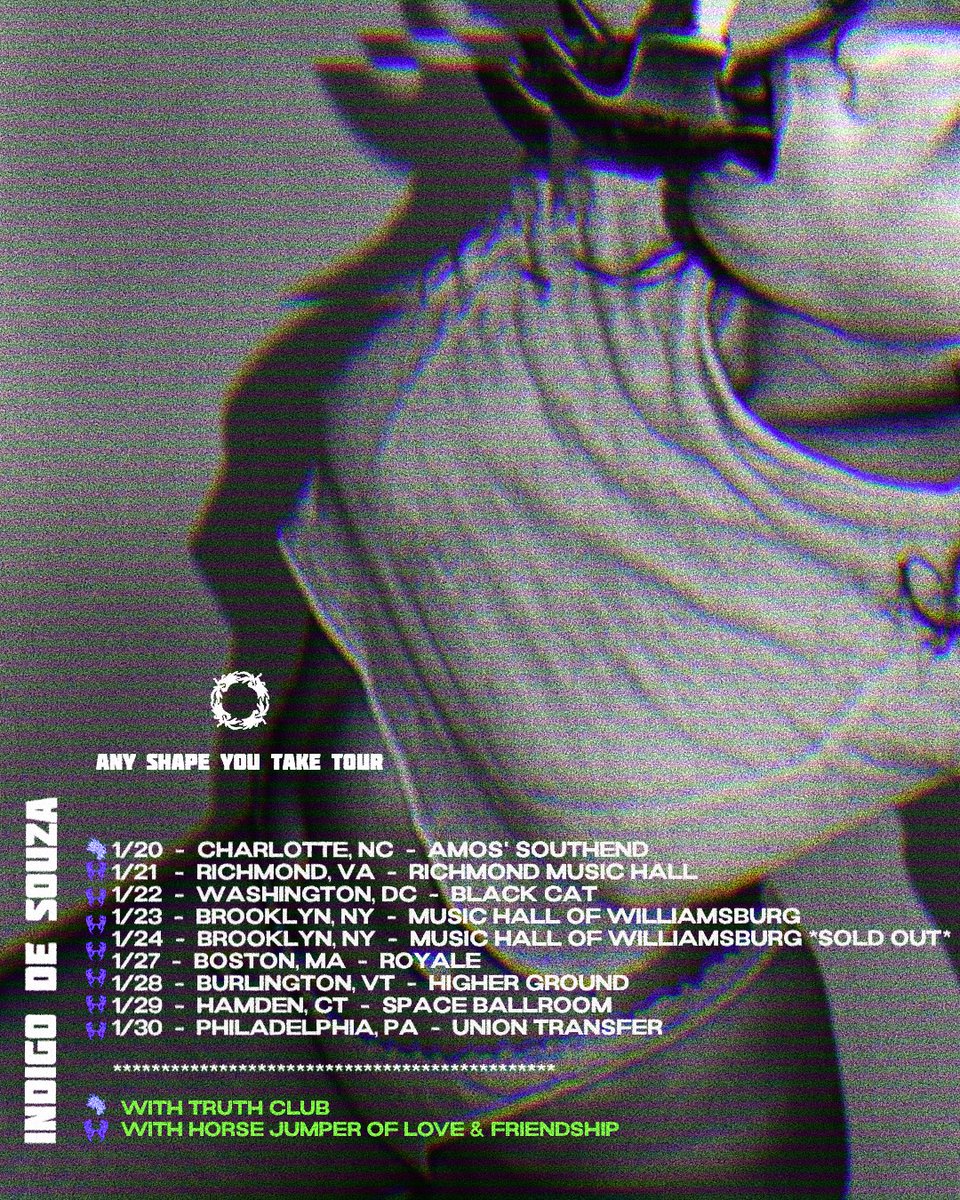 IndigoDeSouza's tweet image. STOKED AS HELL to announce that we are bringing our friends @horsejol  &amp;amp; @friendshipPHL  &amp;amp; @jointruthclub  on our January tour with us 😭❤️❤️❤️🤘— these bands are so very dear to my heart and I feel so incredibly lucky to have them joining us 🥲🙏
—  indigodesouza.live/tour