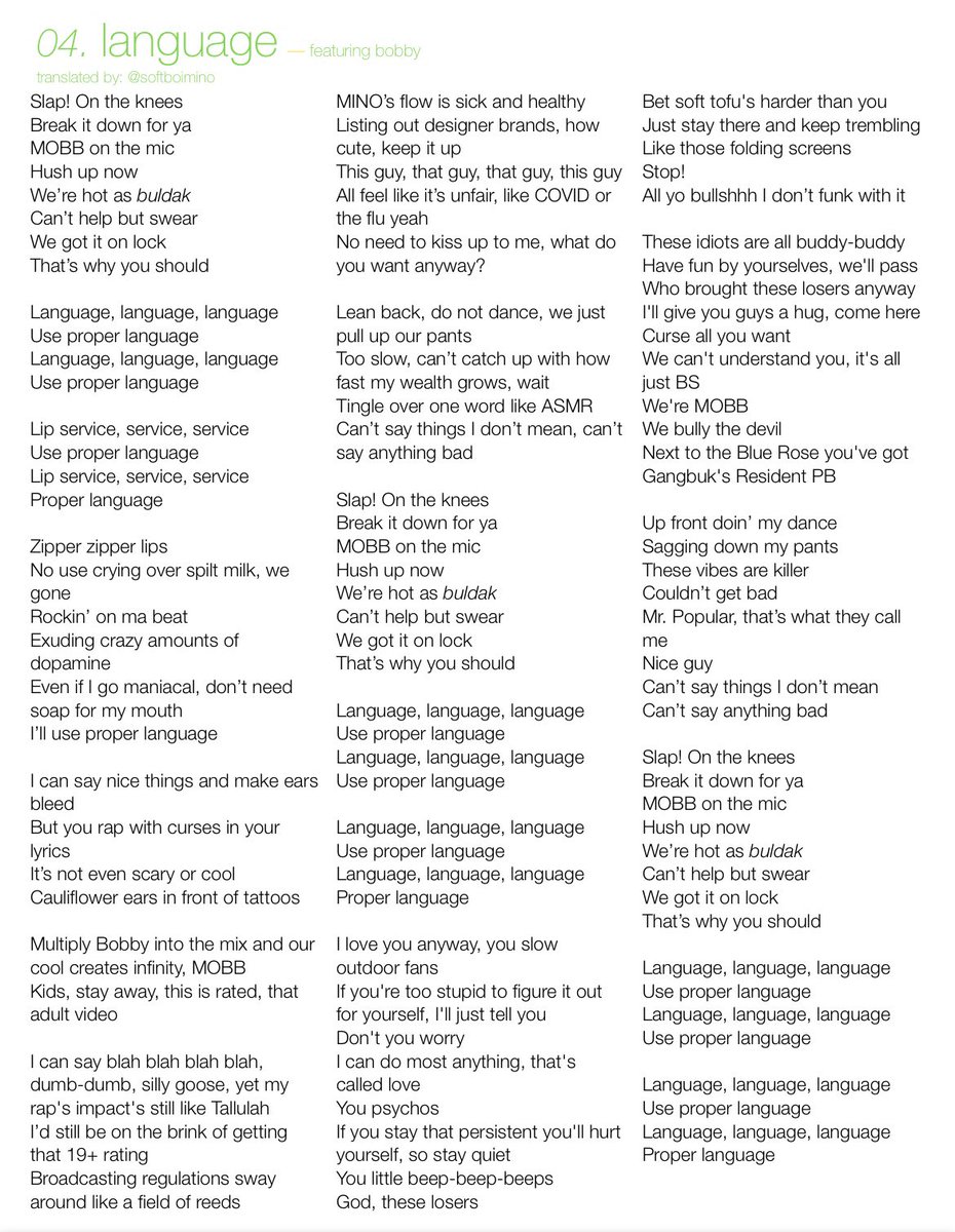 softboimino's tweet photo. Lyric translations for:
• LOVE IN DA CAR
• TANG!♡
• PYRAMID' (feat. LILBOI, GAEKO)
• 'LANGUAGE' (feat. BOBBY)

from #MINO's third solo album "TO INFINITY." <1/3>

#위너 #WINNER #송민호 #MINO #TO_INFINITY #TANG #탕  @official_mino_ @yginnercircle https://t.co/ZA7Rv2owj1