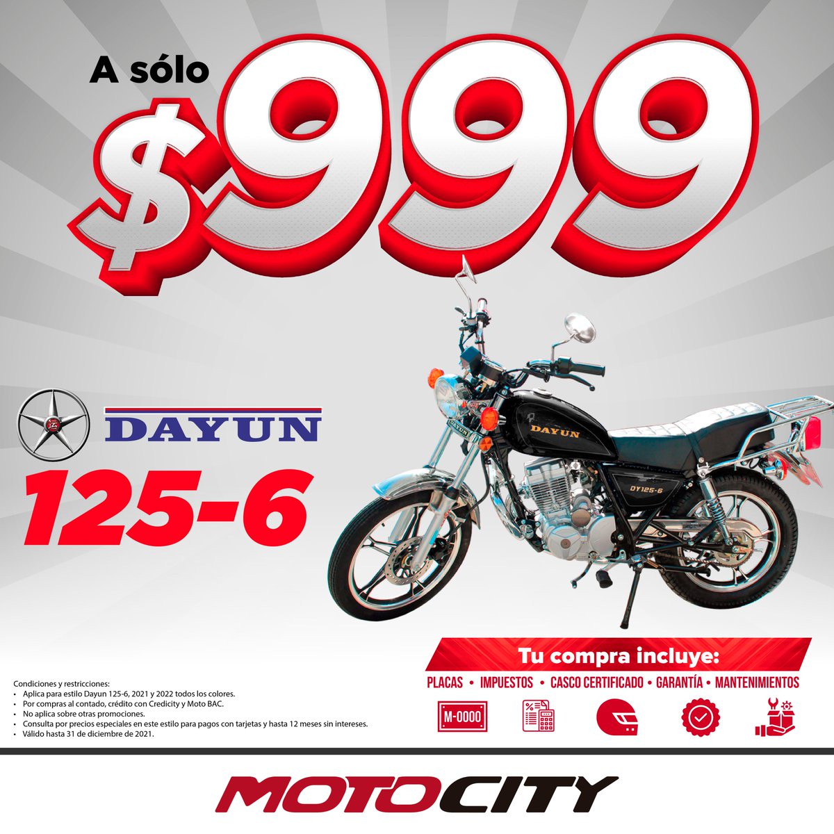 motocitysv's tweet photo. 😱 DAYUN 125-6 A SÓLO $999 TODO INCLUIDO 😱

Amigo biker, la mejor promo ¡¡SIGUE!! aprovecha este super precio y regalate la moto que mereces.  
INCLUYE:
✅Placas
✅Impuestos
✅Casco certificado
✅Garantía extendida
✅Mantenimientos gratis
Cotízala al 7390 6800

#ELSALVADOR https://t.co/FQSXka6bQq
