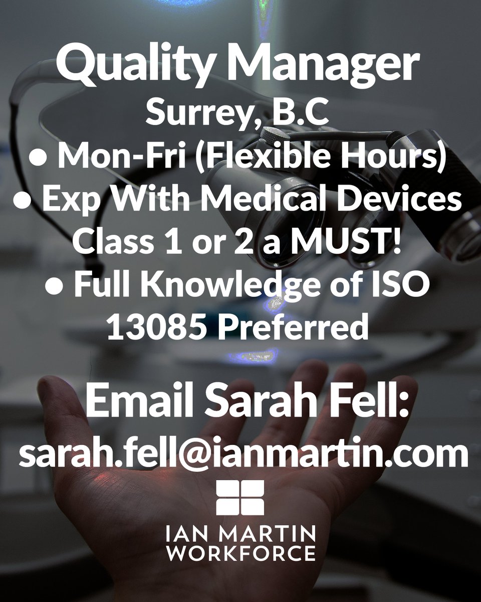 raiseworkforce's tweet photo. #nowhiring  #qualitymanager needed in #surrey #britishcolumbia.

#qualitymanager  will be responsible for being a #Quality #lead  (with 2 direct reports
https://t.co/AI2M7xbogY

#medicaldevices #medicalequipment #cognitive #processing , #auditory #processing #sense #processing https://t.co/69yVSxlA46