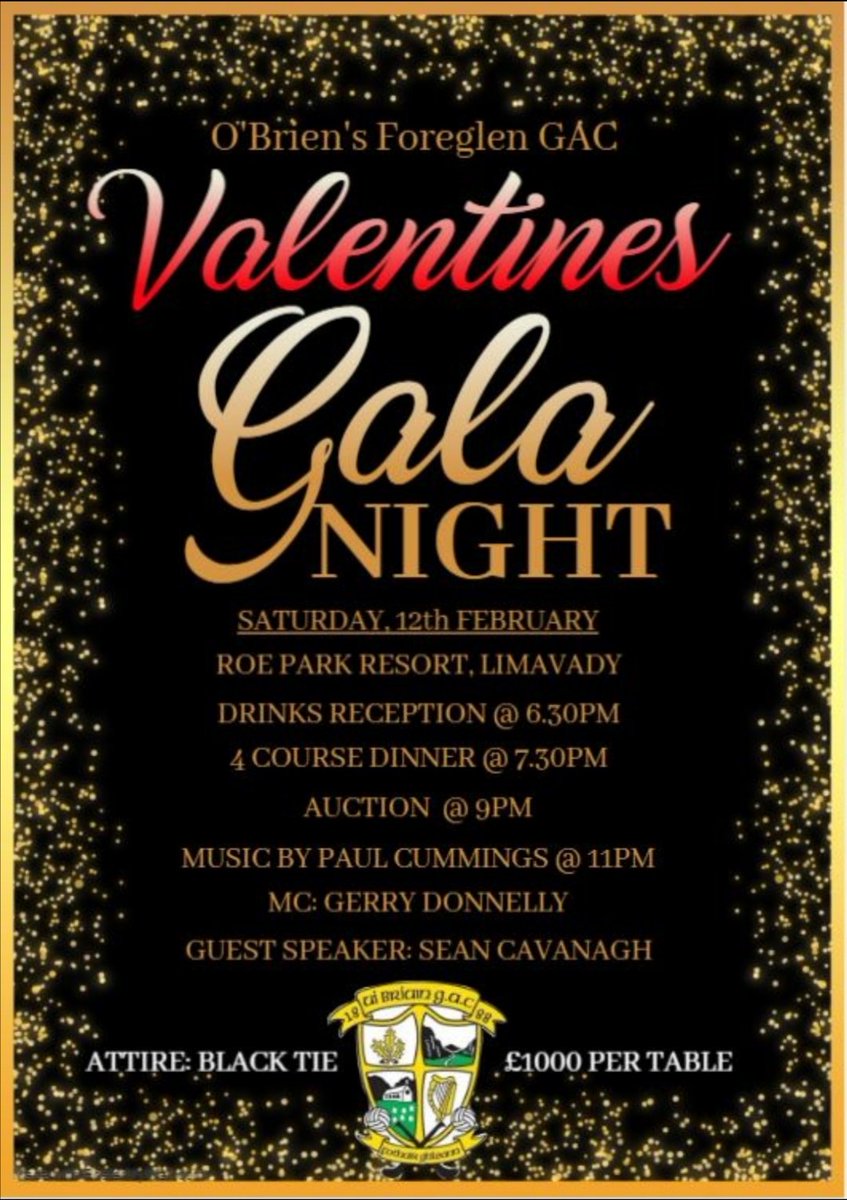 We are happy to announce we will be holding a Valentines Gala Night on Saturday 12th February at the Roe Park Resort in Limavady 🔰🕺💃

Anyone interested in attending please contact any Committee Member or DM our page!