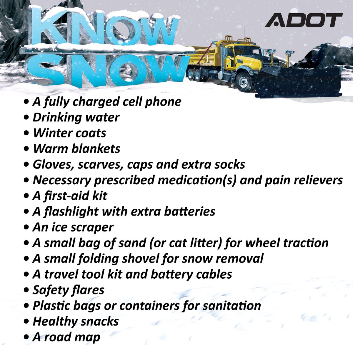 ArizonaDOT's tweet image. Be prepared for snow in the high country today and tomorrow!

#KnowSnow #Aztraffic