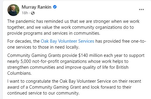 Oak Bay Volunteer Services (@oakbayvolunteer) on Twitter photo We are thankful to the BC Gaming Branch for recognizing our work in the community this year. Special thank you to <a href="/MurrayRankinNDP/">Murray Rankin</a> for taking the time to speak with our Executive Director Renee to learn more about our service to community. We are thankful to the BC Gaming Branch for recognizing our work in the community this year. Special thank you to <a href="/MurrayRankinNDP/">Murray Rankin</a> for taking the time to speak with our Executive Director Renee to learn more about our service to community.