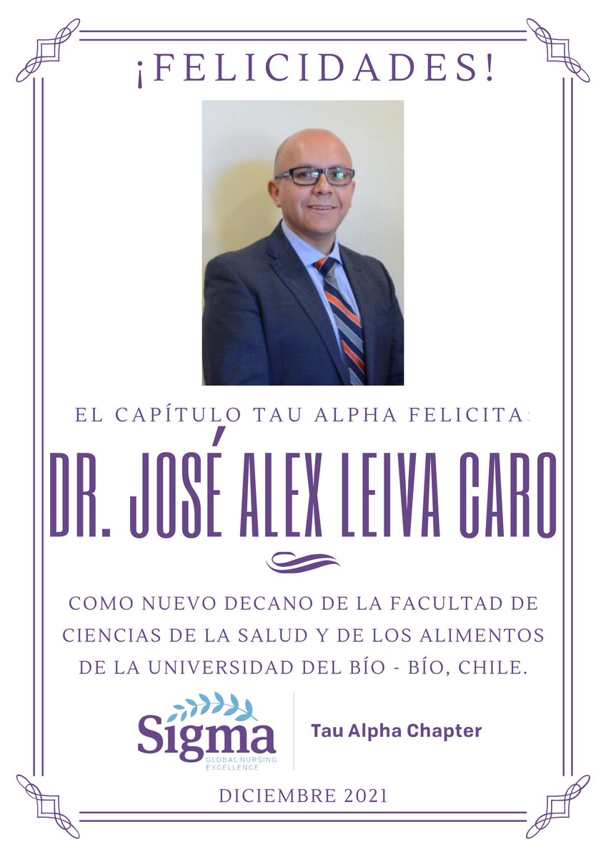 TauAlphaSig's tweet photo. Felicitamos al Dr. José Alex Leiva Caro por su nuevo cargo como Decano. 

We congratulate to Dr. José Alex Leiva Caro for his new position as Dean.

@WeAreSigmaNurse @SigmaNursing  #BeBold https://t.co/M8MP6czmaA