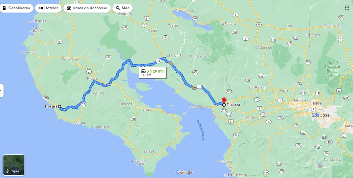 Ostwalldo's tweet photo. No me calzan los argumentos de la empresa. Por ejemplo, mencionan que el recorrido entre Nosara y Esparza lo hicieron en 1 h 45 min. Si es así, van a  velocidad temeraria. Por lo menos, Google muestra 3 h 20 min al consultarlo a las 11 a. m. https://t.co/BpWlIN3YFg