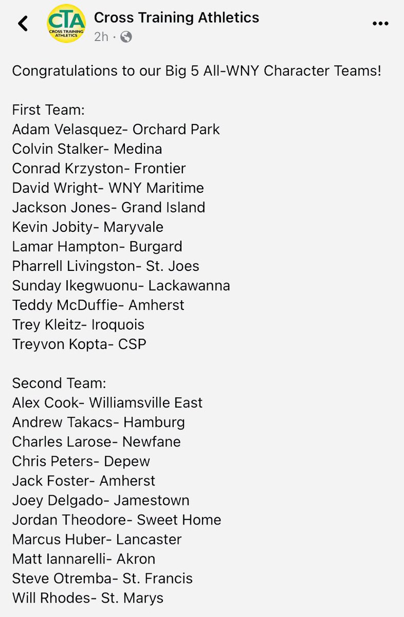 Congratulations to our <a href="/KoptaTreyvon/">TreyVon Kopta</a> (and all of these student-athletes) for being selected to the <a href="/CrossTrainingA/">Cross Training Athletics</a> All-WNY Character Team! Anyone that has ever met TreyVon knows how deserving he is of this recognition.