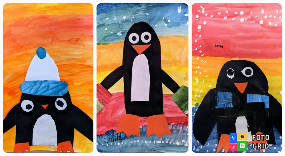 MrsVoigtArt's tweet photo. Adorable painted penguin collages by 1st grade artists this week! #engaged64 #d64news #collage #paintedpaper #artsed #penguinart https://t.co/L8627TMsTR