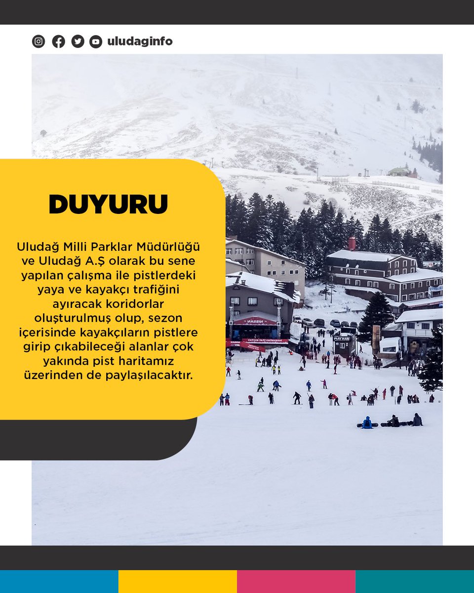 Uludağ Milli Parklar Müdürlüğü ve Uludağ A.Ş olarak bu sene yapılan çalışma ile pistlerdeki yaya ve kayakçı trafiğini ayıracak koridorlar oluşturulmuş olup, sezon içerisinde kayakçıların pistlere girip çıkabileceği alanlar çok yakında pist haritamız üzerinden de paylaşılacaktır.